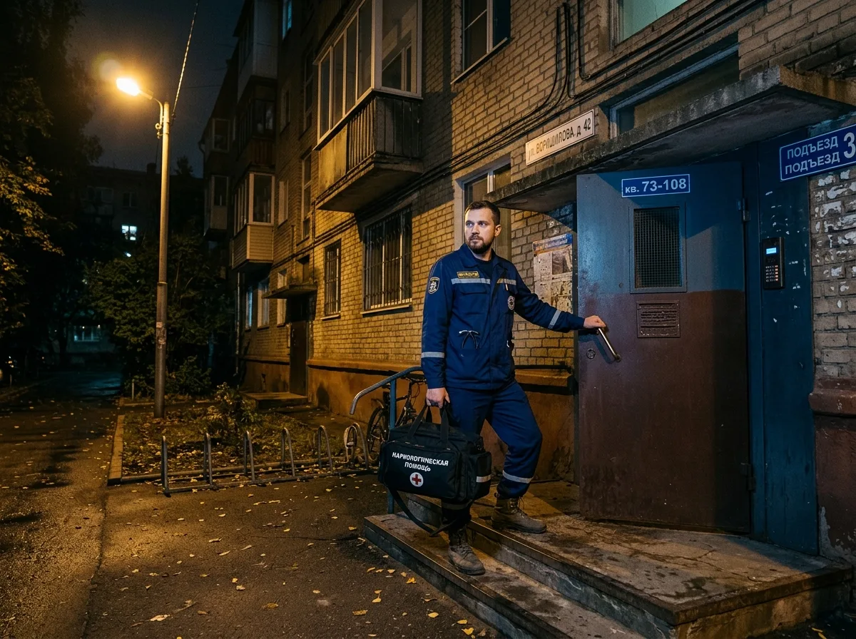 Врач-нарколог в тёмно-синей форме с медицинским чемоданчиком у двери жилого дома в Воронеже, ночь, уличный фонарь
