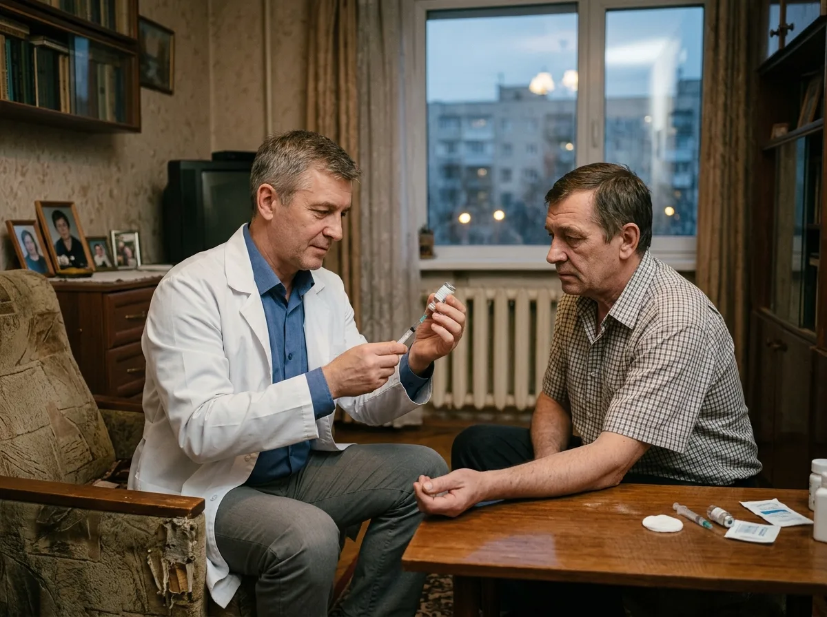 Врач проводит медикаментозное кодирование от алкоголизма на дому у пациента в Воронеже, конфиденциально